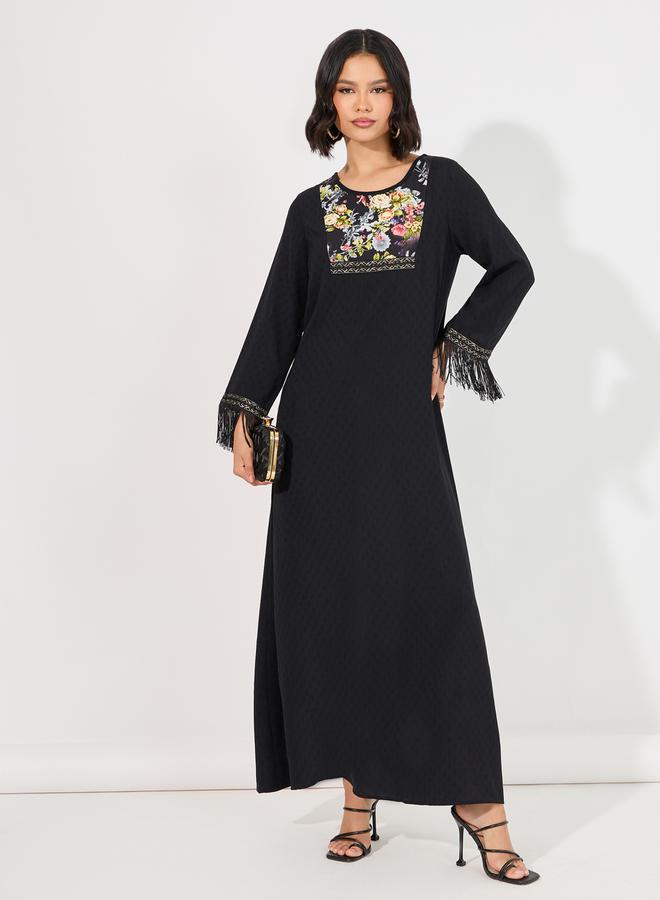 Styli Printed Panelled Jalabiya & Tassel Trim  - Image 1