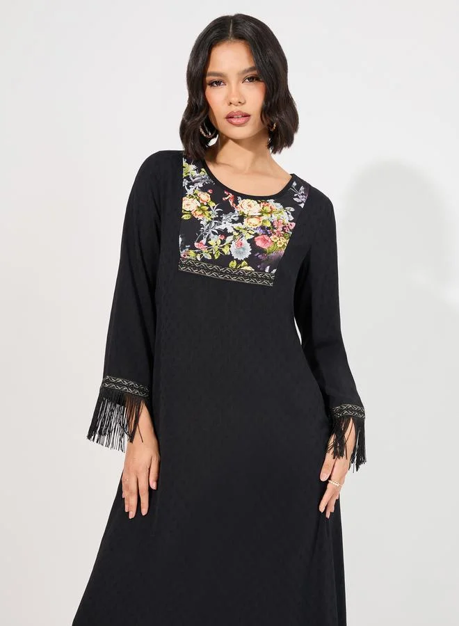 Styli Printed Panelled Jalabiya & Tassel Trim