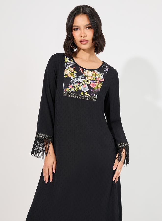 Styli Printed Panelled Jalabiya & Tassel Trim  - Image 5