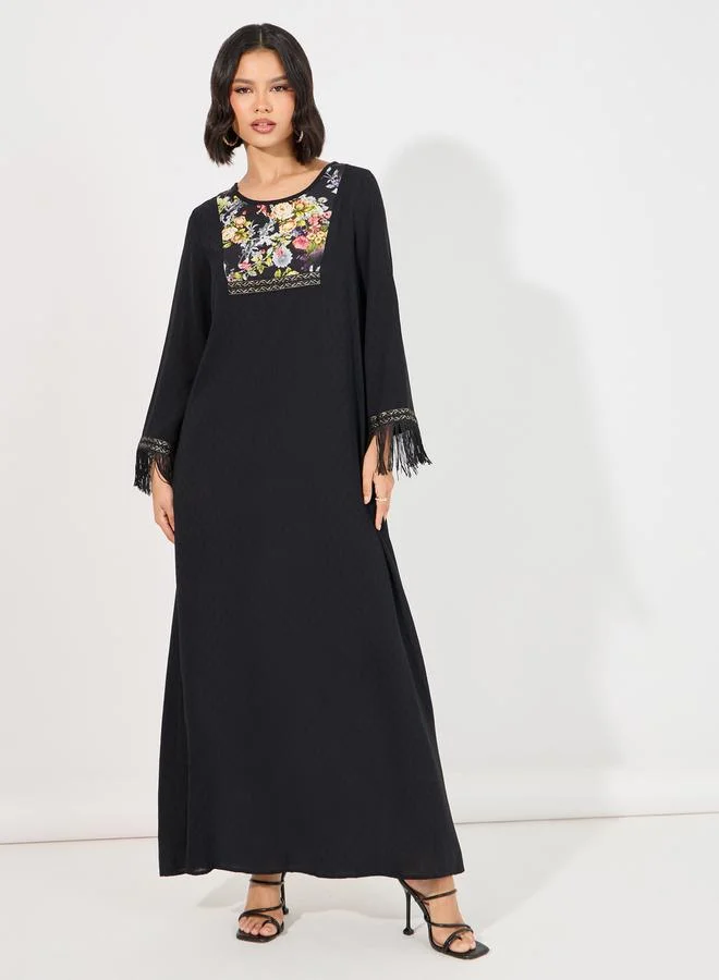 Styli Printed Panelled Jalabiya & Tassel Trim