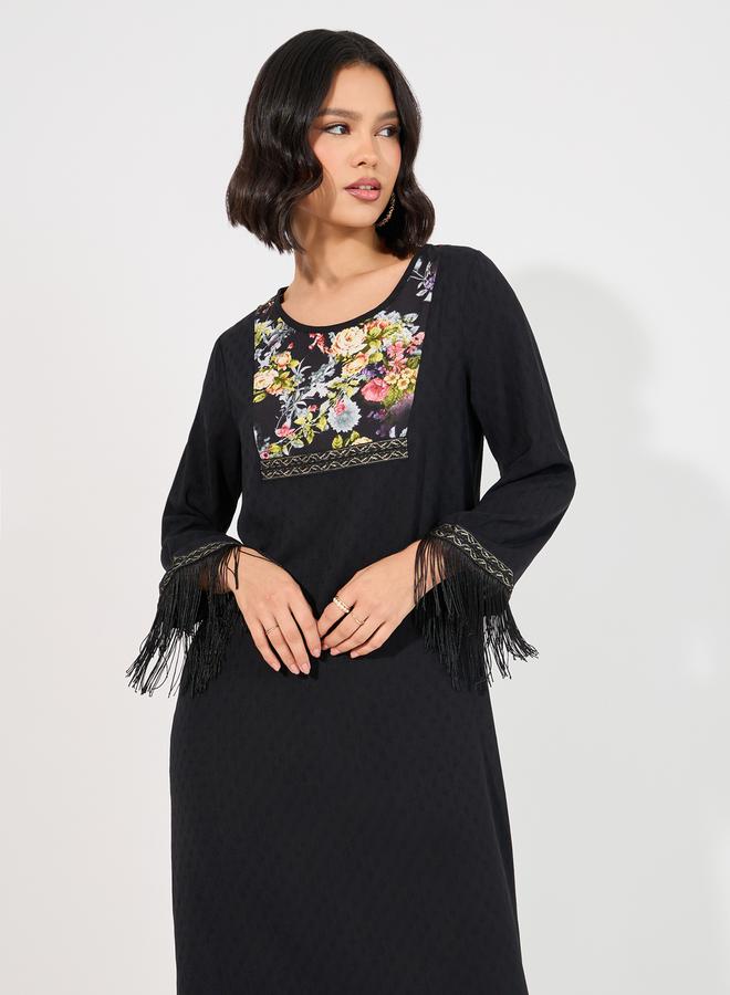 Styli Printed Panelled Jalabiya & Tassel Trim  - Image 2