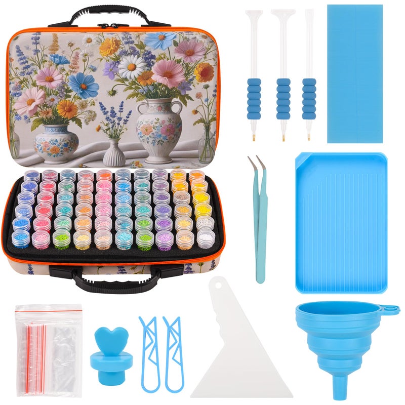 MERATIA 60 Slots Diamond Painting Storage Container, Diamond Art Kits for Adults Stackable Bead Organizer with Carrying Handle, Craft Storage Box with Accessories (Ceramic Garden-60 Slots) - Image 1