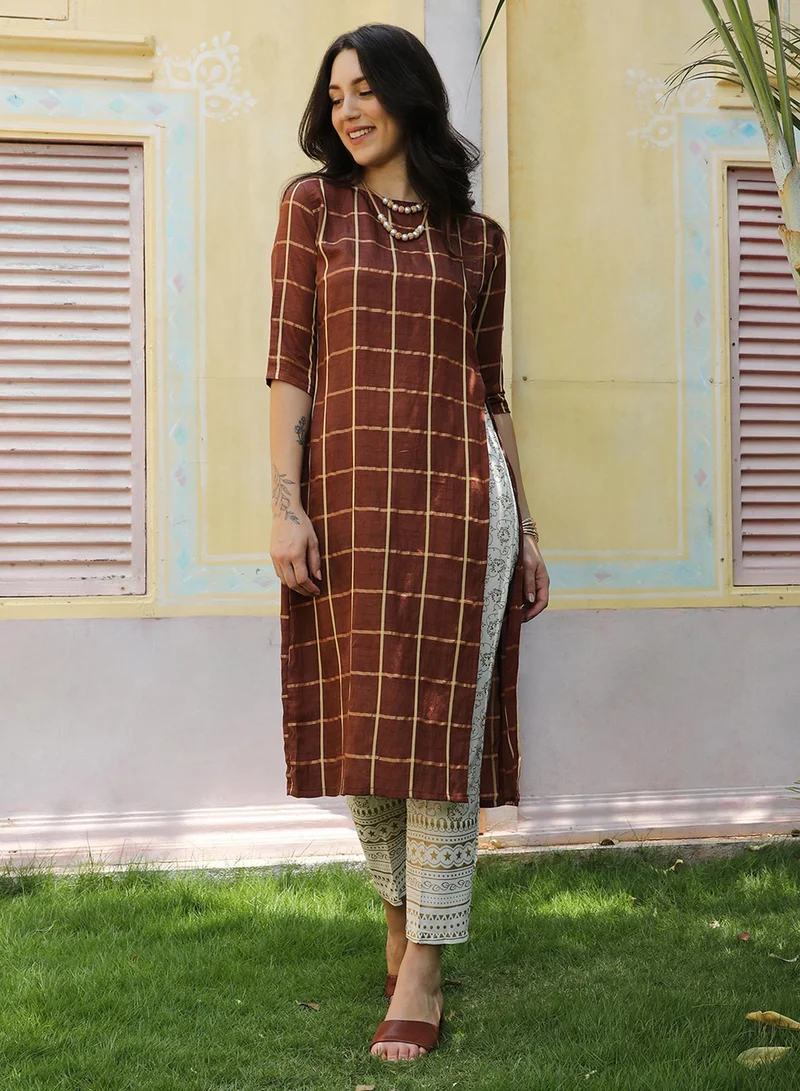 QISSA Women's Chocolate Brown Graph Check Kurta