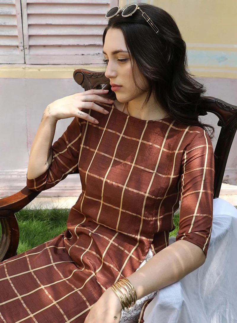 QISSA Women's Chocolate Brown Graph Check Kurta