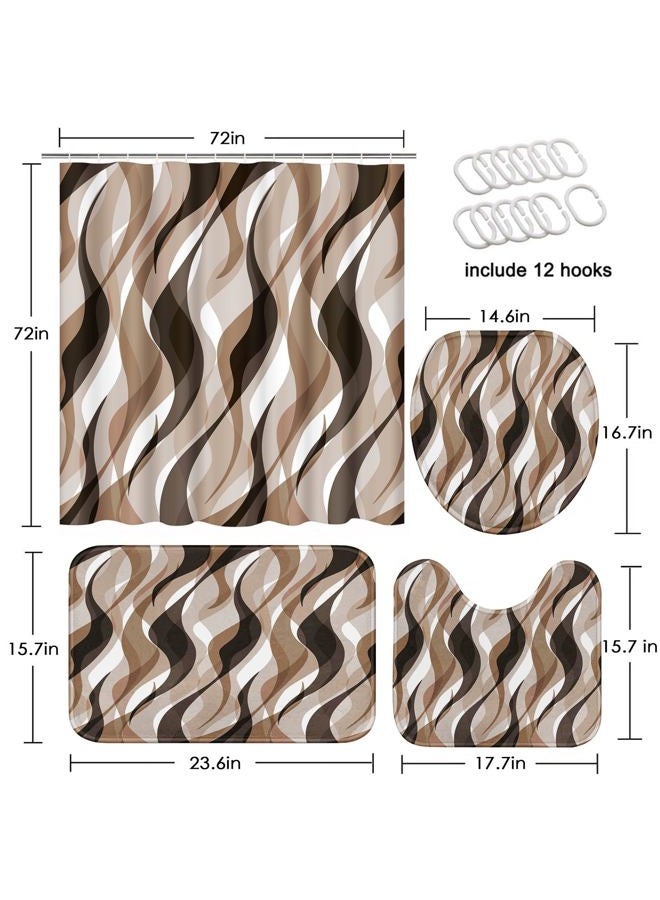 Tayney Brown Shower Curtain Set with Toilet Lid Cover and Non-Slip Rugs for Bathroom, Geometric Lines Ombre 4 Pcs Shower Curtain, Simple Abstract Modern Bathroom Set with 12 Hooks - Image 2