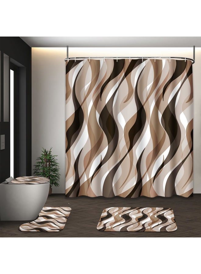 Tayney Brown Shower Curtain Set with Toilet Lid Cover and Non-Slip Rugs for Bathroom, Geometric Lines Ombre 4 Pcs Shower Curtain, Simple Abstract Modern Bathroom Set with 12 Hooks - Image 1