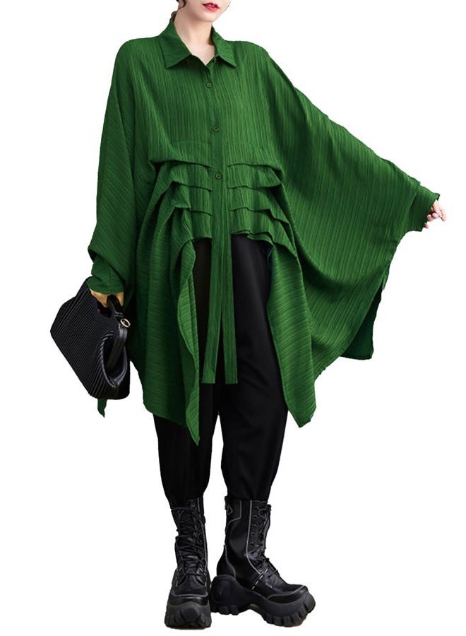 ellazhu Women's Long Batwing Sleeve Funky Inregular Hem High Low Button Down Shirt GZ127 Green - Image 1