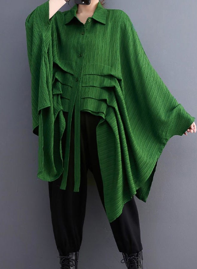 ellazhu Women's Long Batwing Sleeve Funky Inregular Hem High Low Button Down Shirt GZ127 Green - Image 3