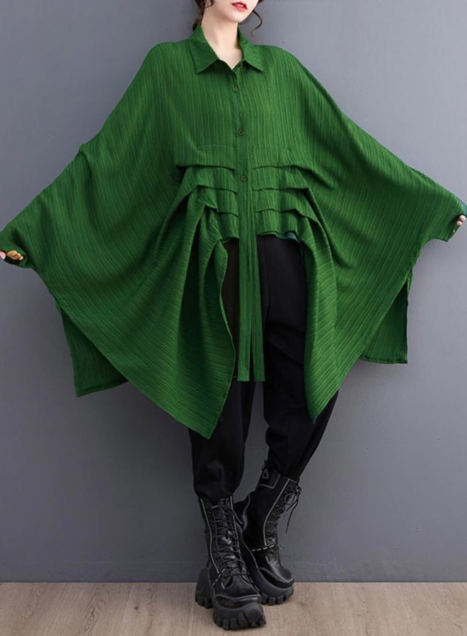 ellazhu Women's Long Batwing Sleeve Funky Inregular Hem High Low Button Down Shirt GZ127 Green - Image 2