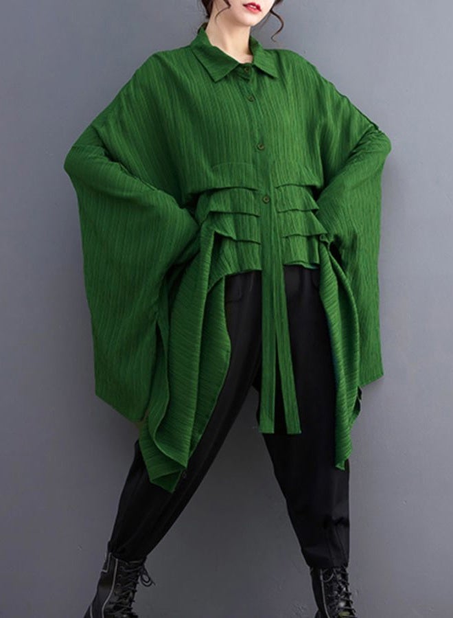 ellazhu Women's Long Batwing Sleeve Funky Inregular Hem High Low Button Down Shirt GZ127 Green - Image 4