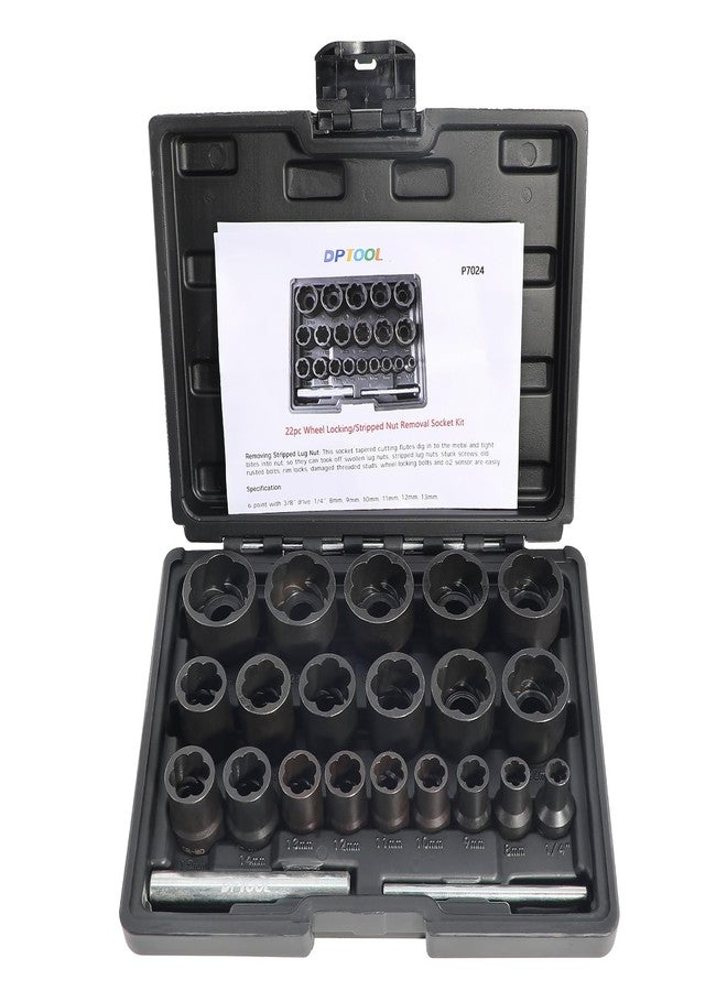 DPTOOL 22 Piece Twist Bolt Nut Extractor Set, 1/2" Drive Impact Lug Nut Remover Socket Tool with Bar, Wheel Lock Removal Kit for Extracting Damaged, Stripped Frozen Nuts & Screws - Image 1