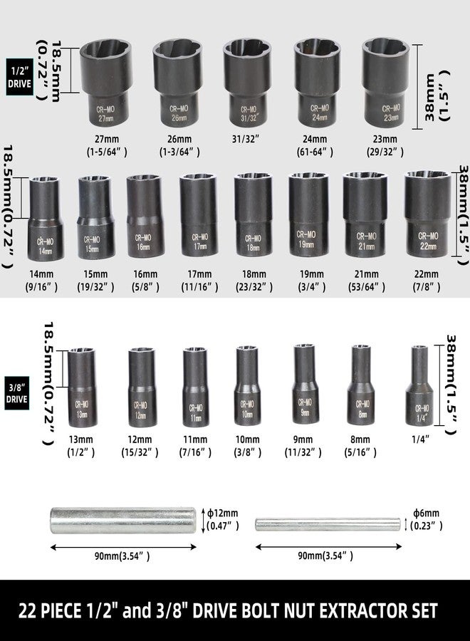 DPTOOL 22 Piece Twist Bolt Nut Extractor Set, 1/2" Drive Impact Lug Nut Remover Socket Tool with Bar, Wheel Lock Removal Kit for Extracting Damaged, Stripped Frozen Nuts & Screws - Image 2