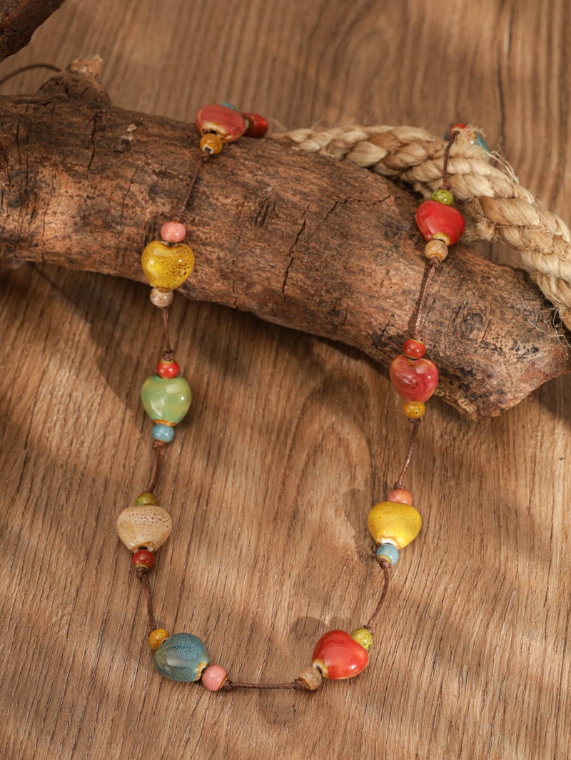 MINACHI Hippie Boho Colorful Ceramic Heart Bead Long Strand Necklace, Bohemian Beach Summer Jewelry Gift for Women - Image 3