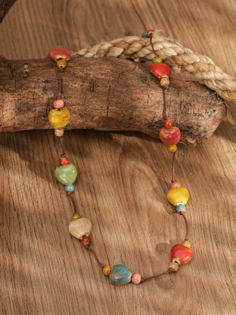 MINACHI Hippie Boho Colorful Ceramic Heart Bead Long Strand Necklace, Bohemian Beach Summer Jewelry Gift for Women - Image 2