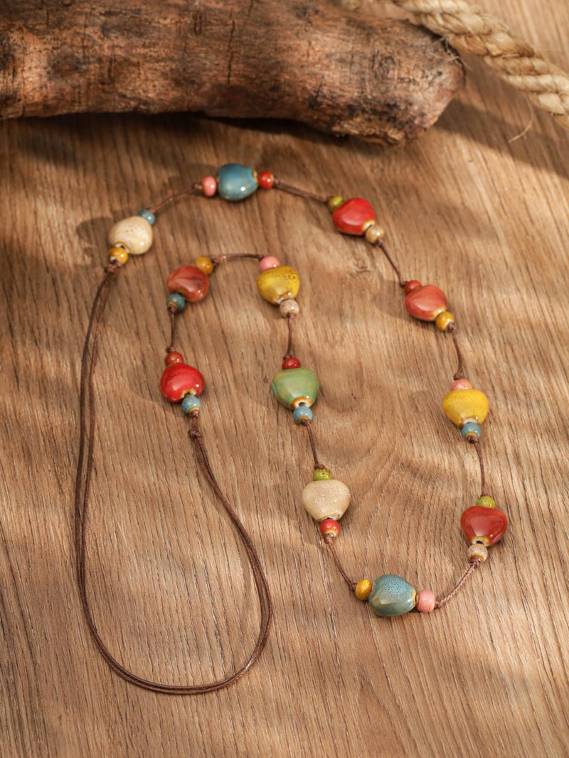 MINACHI Hippie Boho Colorful Ceramic Heart Bead Long Strand Necklace, Bohemian Beach Summer Jewelry Gift for Women - Image 4