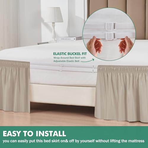 Biscaynebay Wrap Around Bed Skirts with Split Corners for Queen Beds 15" Drop, Light Camel Adjustable Elastic Dust Ruffles Easy Fit Wrinkle Resistant Silky Luxurious Fabric Machine Washable - Image 3