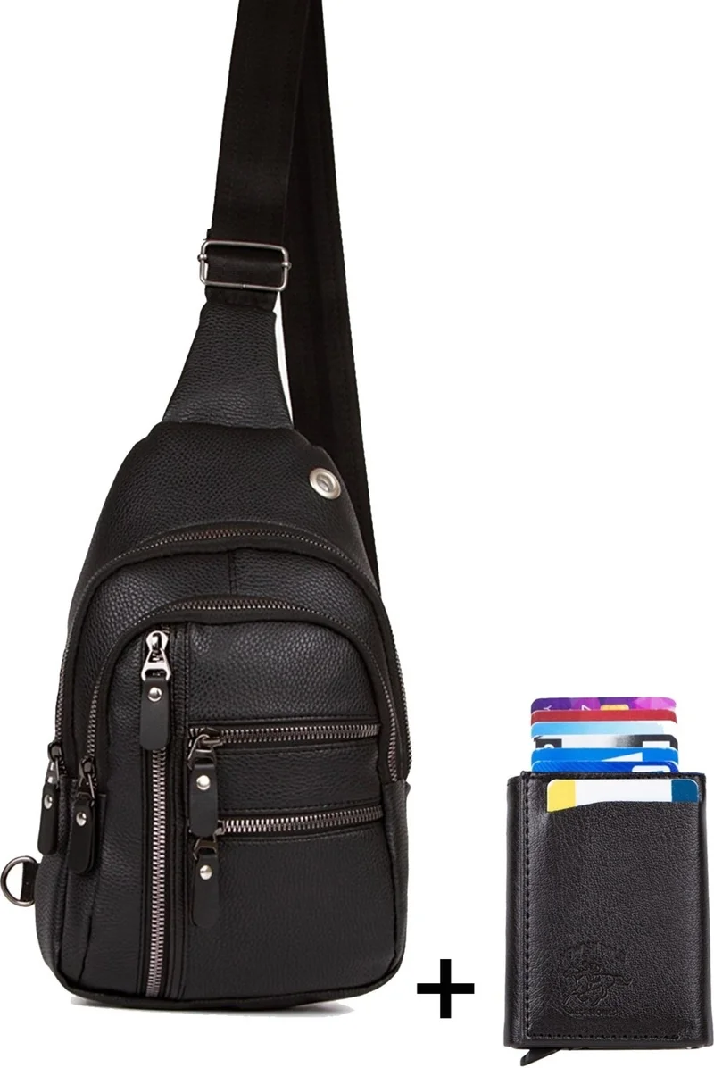 Newish Polo Black Chest and Shoulder Bag Body Bag and Mechanical Card Holder Wallet