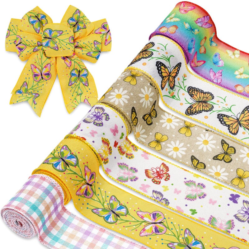 Whaline 6 Roll Butterfly Wired Edge Ribbon 36 Yards Colorful Butterfly Daisy Flower Plaids Craft Ribbon Spring Summer Farmhouse Fabric Ribbon for Gift Wrapping Hair Bow Sewing Wreath Crafts 25 Inch