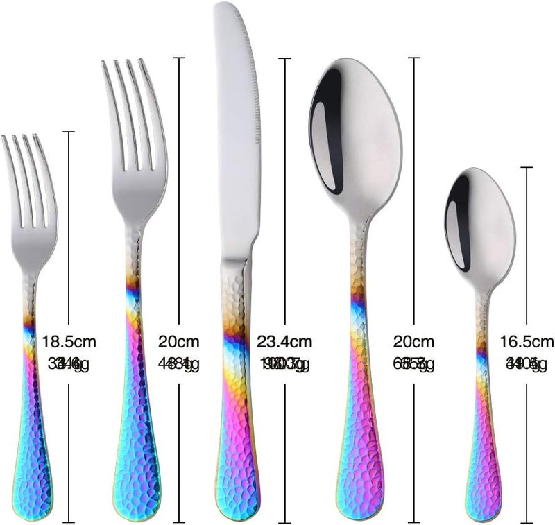 BISDARUN Hammered Silverware Set 20 Piece Flatware Utensils Premium Stainless Steel Kitchen Dinner Cutlery Sets of 4 Mirror Polish Dishwasher Safe Gradient Rainbow - Image 2