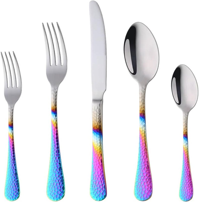 BISDARUN Hammered Silverware Set 20 Piece Flatware Utensils Premium Stainless Steel Kitchen Dinner Cutlery Sets of 4 Mirror Polish Dishwasher Safe Gradient Rainbow - Image 1