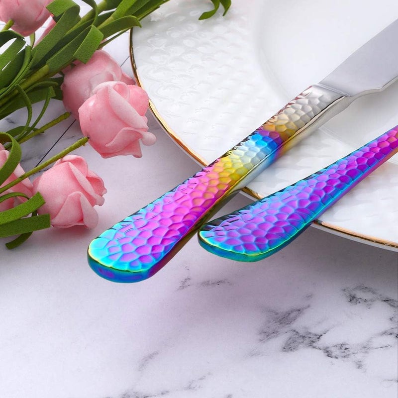 BISDARUN Hammered Silverware Set 20 Piece Flatware Utensils Premium Stainless Steel Kitchen Dinner Cutlery Sets of 4 Mirror Polish Dishwasher Safe Gradient Rainbow - Image 5