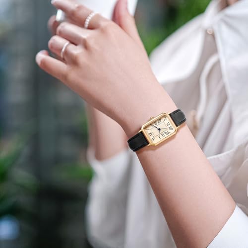 BESTKANG Leather Strap Watches for Women Elegant Dainty Ladies Watch Vintage Rectangle Women Quartz Wrist Watch (Black Gold) - Image 3