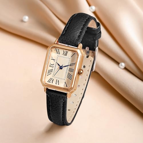 BESTKANG Leather Strap Watches for Women Elegant Dainty Ladies Watch Vintage Rectangle Women Quartz Wrist Watch (Black Gold) - Image 4