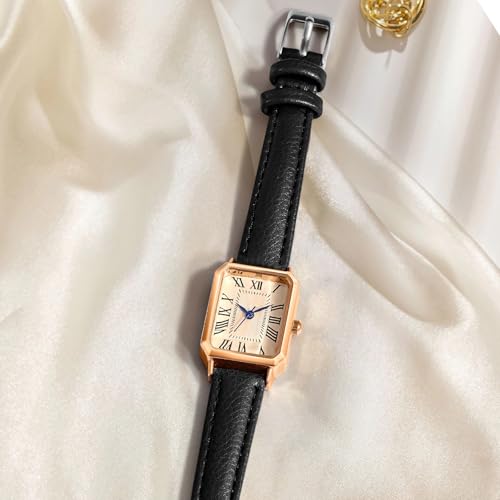 BESTKANG Leather Strap Watches for Women Elegant Dainty Ladies Watch Vintage Rectangle Women Quartz Wrist Watch (Black Gold) - Image 5