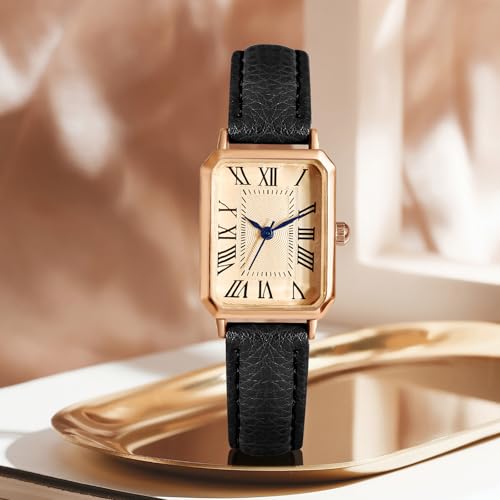 BESTKANG Leather Strap Watches for Women Elegant Dainty Ladies Watch Vintage Rectangle Women Quartz Wrist Watch (Black Gold) - Image 2