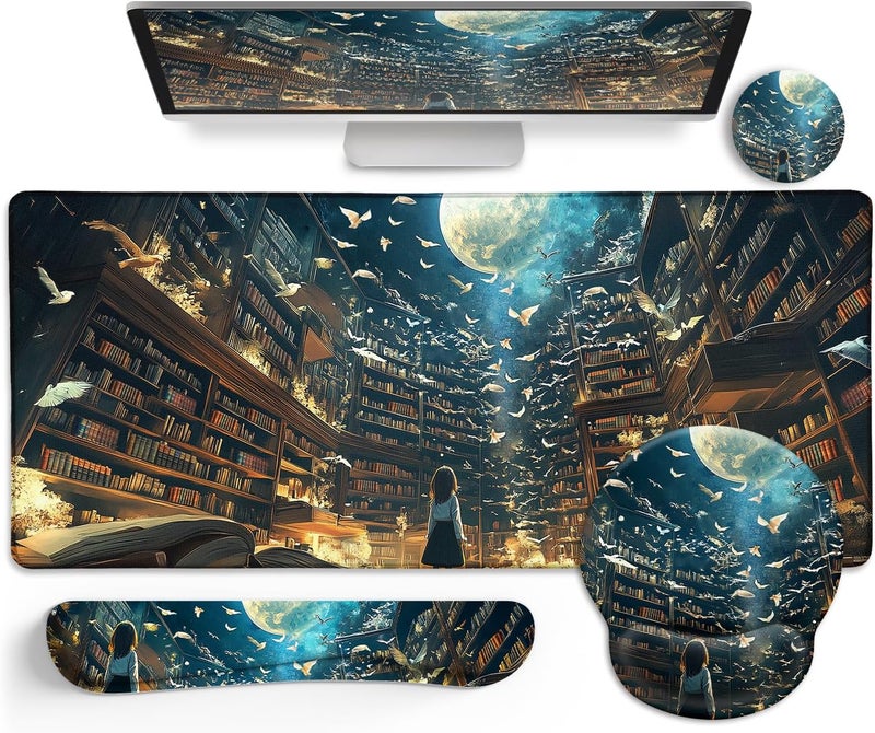 LIMKRIAN Anime Book Mouse Pad Set Large Desk Matt for Desktop, Ergonomic Mouse Pad with Wrist Rest, Gaming Mousepad Wrist Support Keyboard Mat Cup Coaster Set Cute Desk Accessories for Women Girl - Image 1