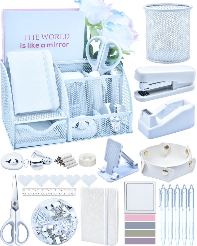 LXEVIHK Bring the tranquility of porcelain into your space with white desk accessories, 25 white office supplies, desk organizer, tape dispenser, stapler, and stapler remover - Image 1