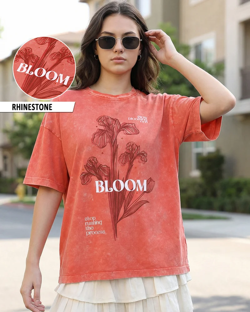 Women's Koi Orange Slow Bloom Graphic Printed Oversized Acid Wash T-shirt