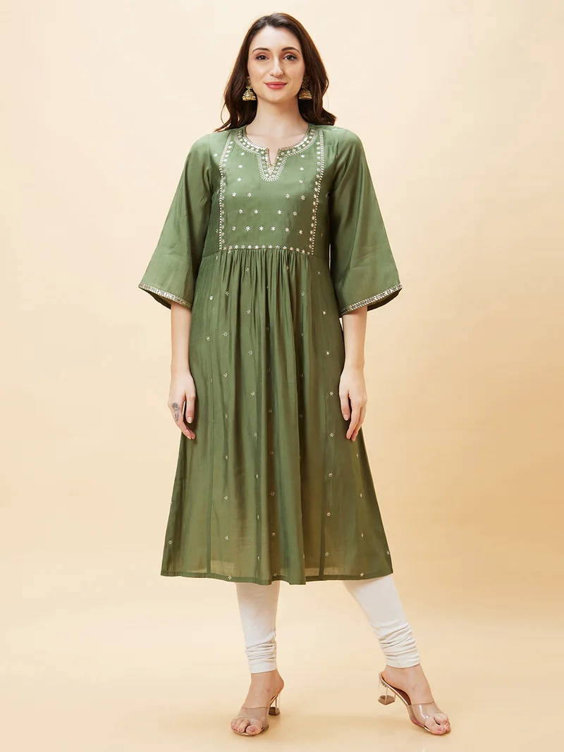 globus Women Green Floral Embroidered Flared Sleeves A-Line Kurta