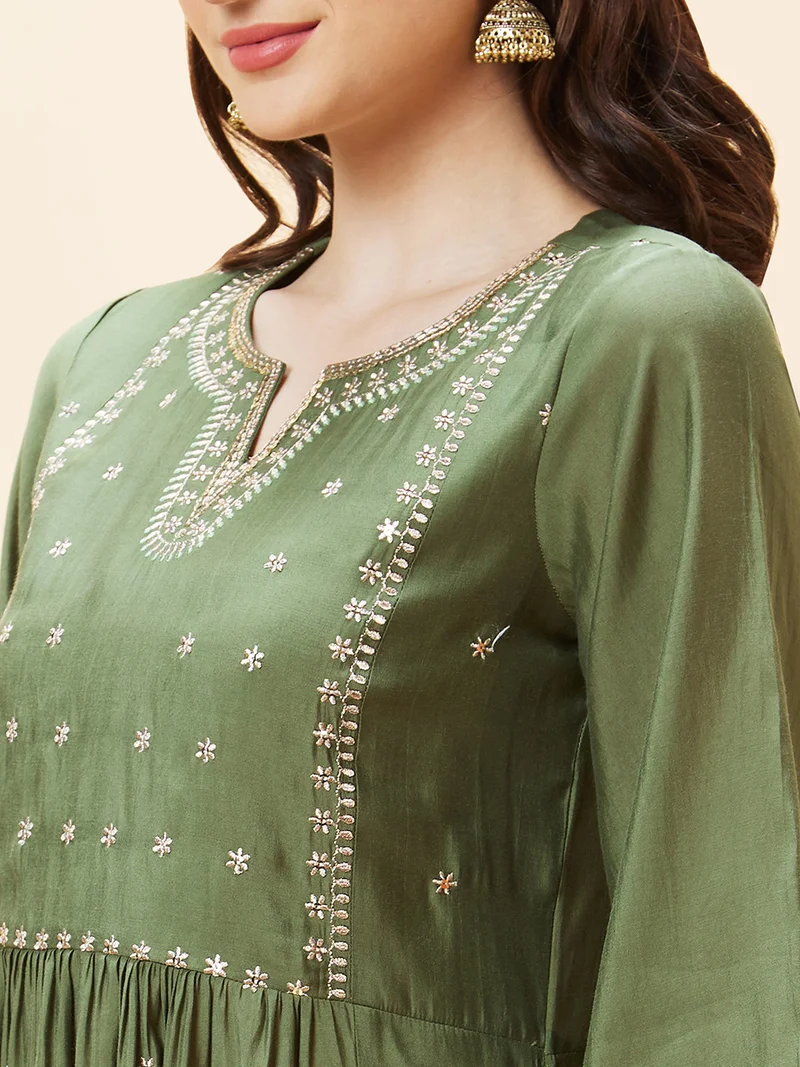 globus Women Green Floral Embroidered Flared Sleeves A-Line Kurta