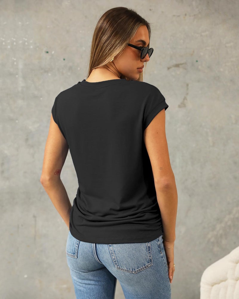 Abardsion Women's Trendy Going Out Tops 2025 Summer Clothes Elegant Cap Sleeve Crew Neck Loose Fit T Shirts (Black, S) - Image 3