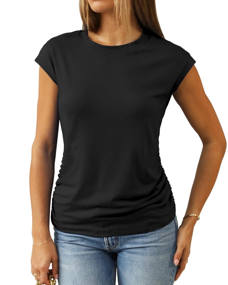 Abardsion Women's Trendy Going Out Tops 2025 Summer Clothes Elegant Cap Sleeve Crew Neck Loose Fit T Shirts (Black, S) - Image 1