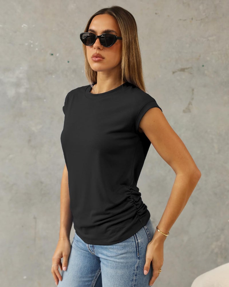 Abardsion Women's Trendy Going Out Tops 2025 Summer Clothes Elegant Cap Sleeve Crew Neck Loose Fit T Shirts (Black, S) - Image 2