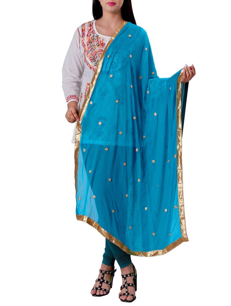 themilestocks Woman's Embroidered Chiffon Dupatta Scarf Shawl Wrap Soft Indian Bridal Wedding (Turquoise) - Image 4