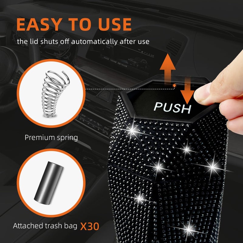 NBTEPEM Bling Car Trash Can with Lid, Bling Car Accessories Trash Bin, Leakproof Auto Garbage Can with 30 Trash Bags, Multipurpose Organizers and Storage for Home, Office (Black Diamond) - Image 2