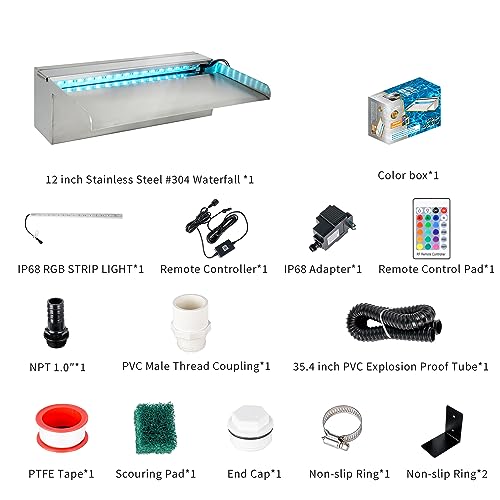 PONDO 12'' APP 316 Stainless Steel Spillway with 16-Color LED Light Bar, Salt Water Corrosion Resistant Lighted Waterfall Pool Fountain Designed for Seawater Use, Waterfall Spillway for Garden Outdoor - Image 2