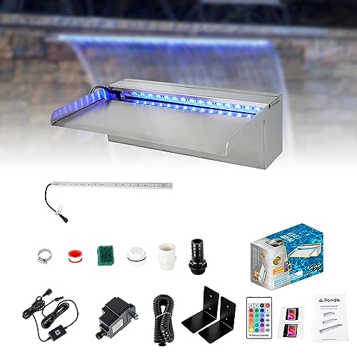 PONDO 12'' APP 316 Stainless Steel Spillway with 16-Color LED Light Bar, Salt Water Corrosion Resistant Lighted Waterfall Pool Fountain Designed for Seawater Use, Waterfall Spillway for Garden Outdoor - Image 1