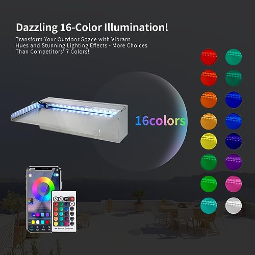 PONDO 12'' APP 316 Stainless Steel Spillway with 16-Color LED Light Bar, Salt Water Corrosion Resistant Lighted Waterfall Pool Fountain Designed for Seawater Use, Waterfall Spillway for Garden Outdoor - Image 4