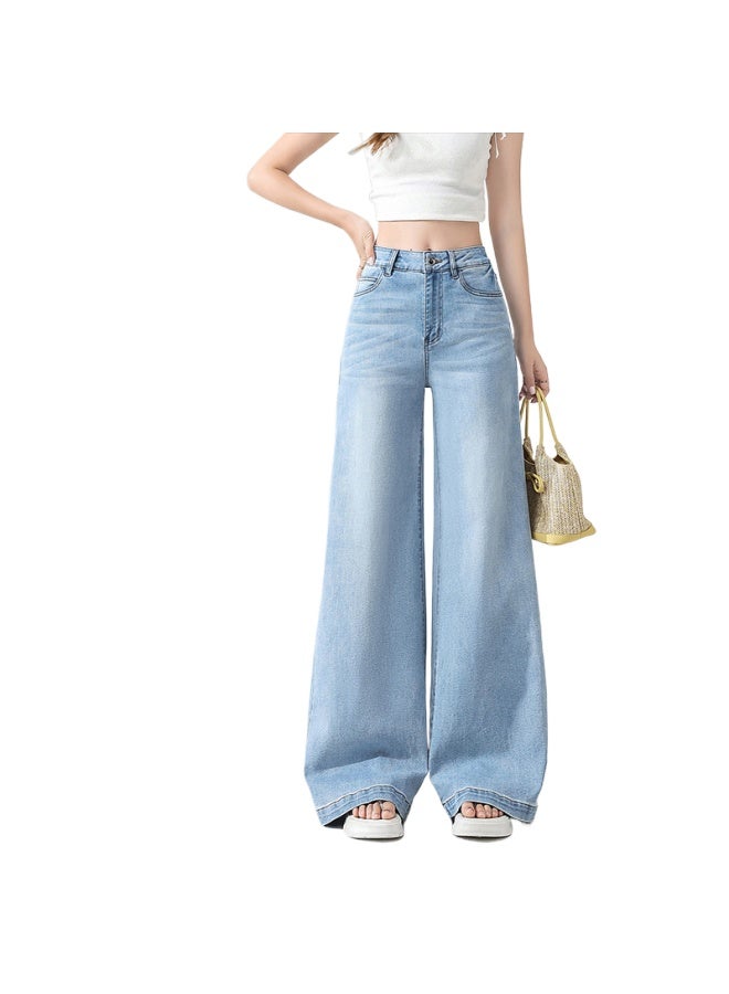 هابي بنطلون جينز واسع الساق أزرق فاتح للنساء صيفي جديد ستايل كسول خصر عالي مريح ومشذب ساق مستقيم فضفاض - Image 1