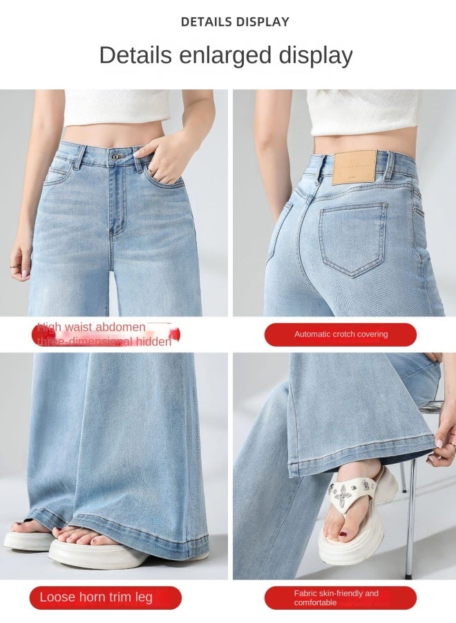 هابي بنطلون جينز واسع الساق أزرق فاتح للنساء صيفي جديد ستايل كسول خصر عالي مريح ومشذب ساق مستقيم فضفاض - Image 2