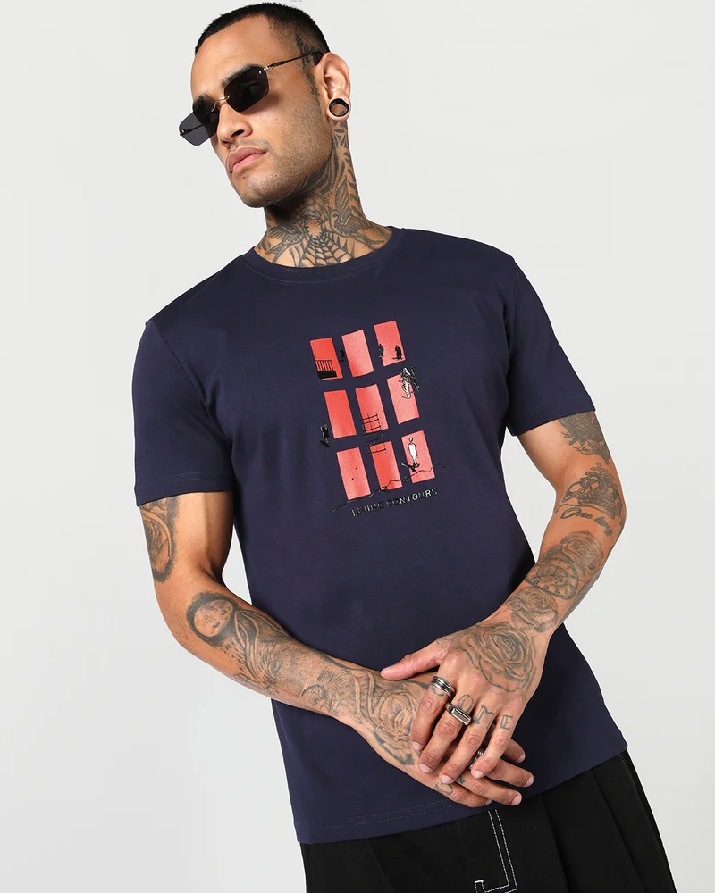 Men's Inking Blue Living Graphic Printed T-shirt