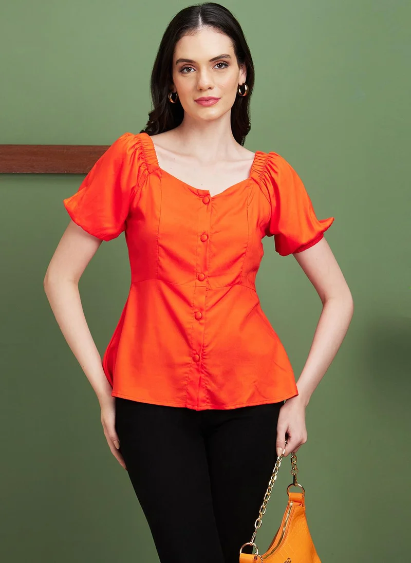 globus Globus Women Orange Square Neck Woven Puff Sleeve Top