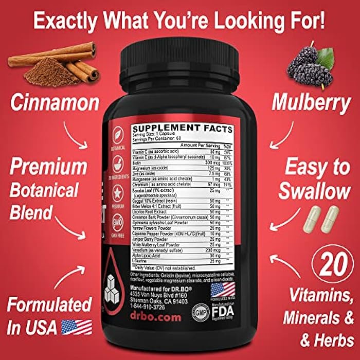 dr.bo Gluco Support Supplement Capsules - Boost Metabolism Supplements, Vitamin Herbal Formula Pill - Ultra Balance Optimizer Vitamins, Chromium, Cinnamon, Bitter Melon Leaf, Gymnema, Vanadium - 60 Pills - Image 5