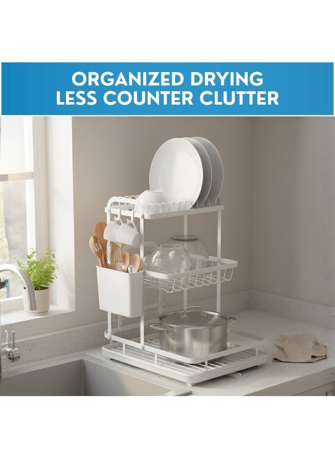 JUNI 3 Tier Dish Drying Rack for Kitchen Counter – Large Capacity Metal Dish Rack with Utensil & Knife Holder, Hooks, Drain Tray, Rustproof Dish Drainer for Plates, Bowls & Cups - Image 3