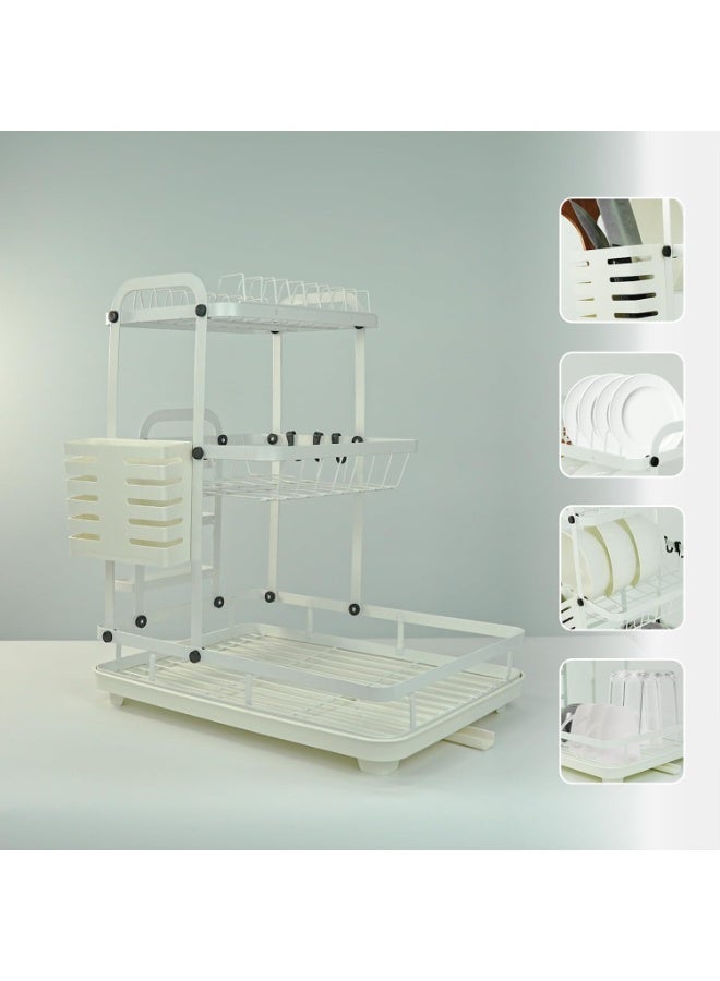 JUNI 3 Tier Dish Drying Rack for Kitchen Counter – Large Capacity Metal Dish Rack with Utensil & Knife Holder, Hooks, Drain Tray, Rustproof Dish Drainer for Plates, Bowls & Cups - Image 4