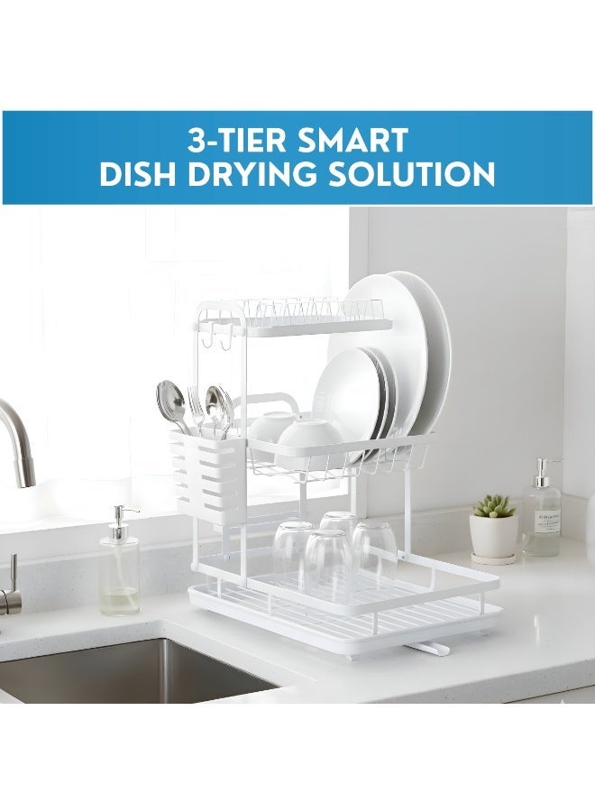JUNI 3 Tier Dish Drying Rack for Kitchen Counter – Large Capacity Metal Dish Rack with Utensil & Knife Holder, Hooks, Drain Tray, Rustproof Dish Drainer for Plates, Bowls & Cups - Image 1